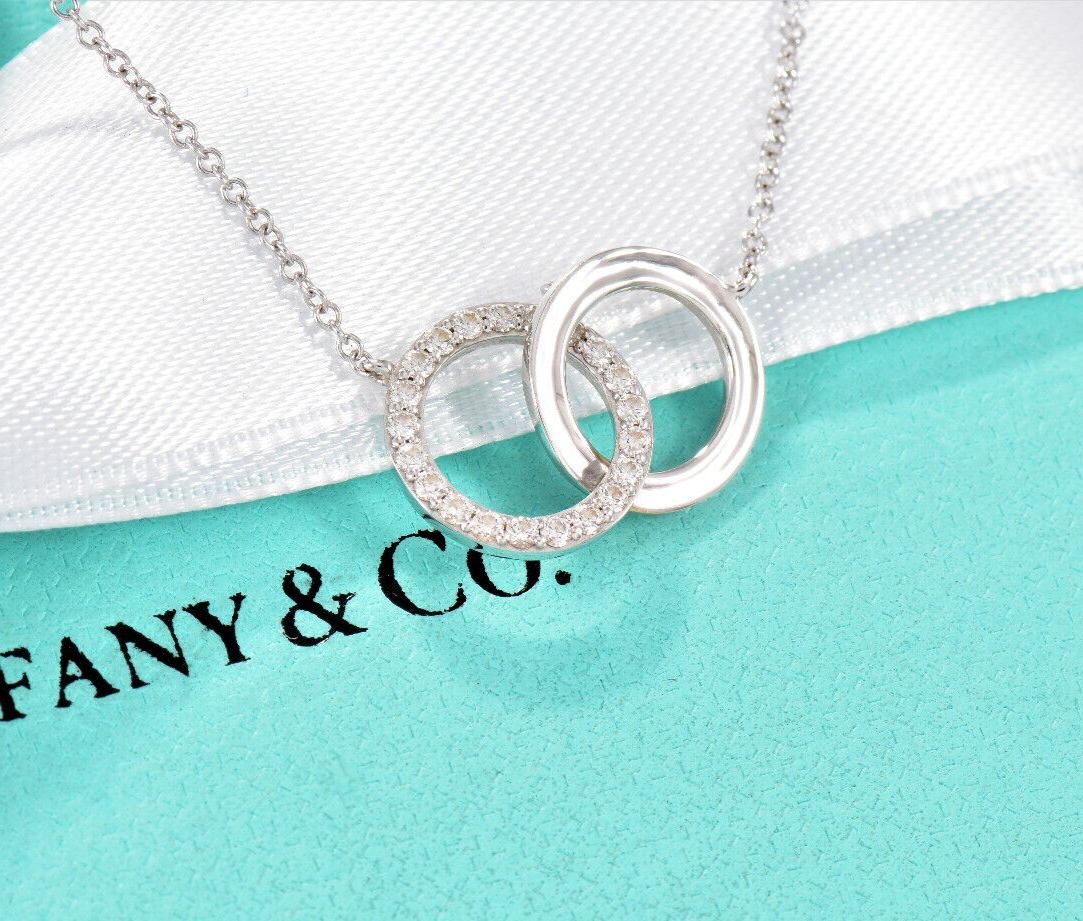 Tiffany & Co Diamond 18k White Gold Interlocking Circles Rings Pendant Necklace