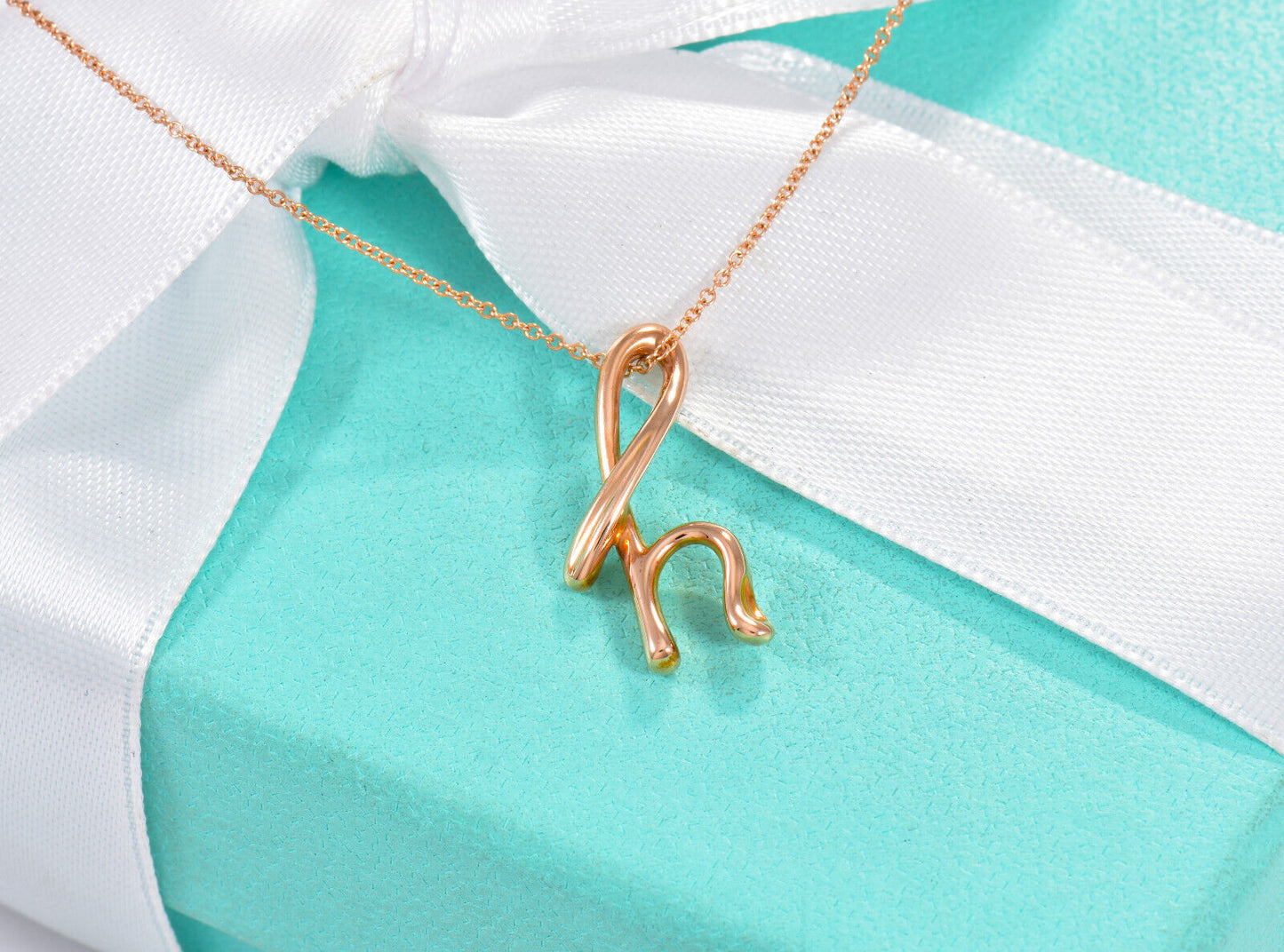 Tiffany & Co 18K Rose Gold Elsa Peretti Letter H Pendant 16.25" Necklace in Box