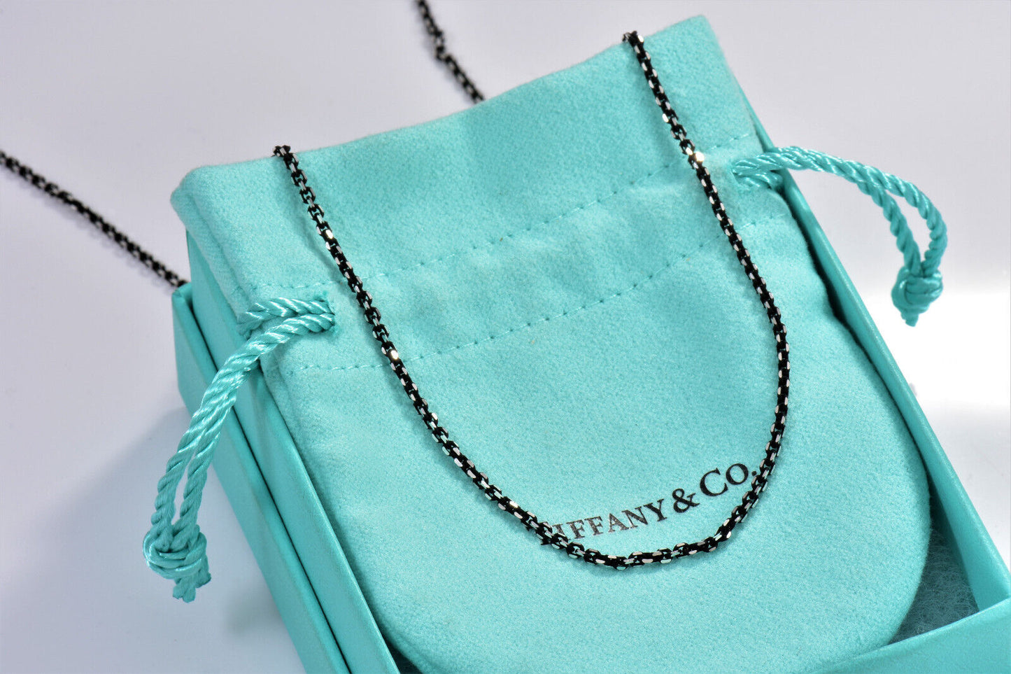 Tiffany & Co Sterling Silver Back Enamel Sparkle Chain Link Necklace & Box Pouch