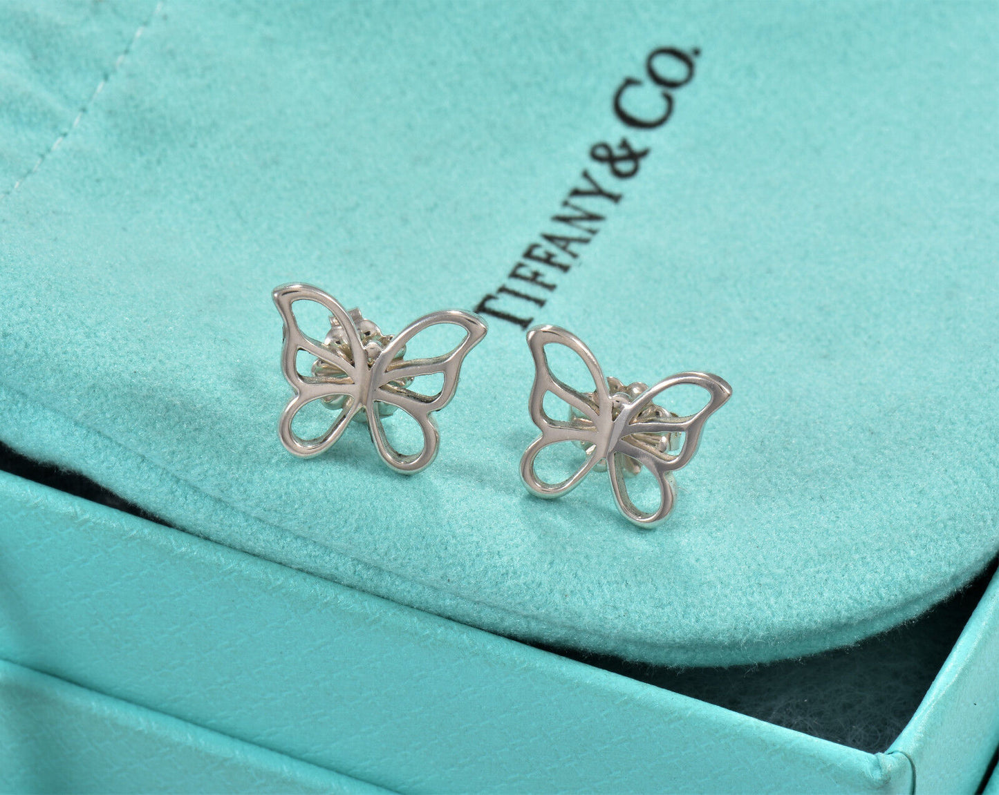 Tiffany & Co Sterling Silver 11mm Butterfly Earrings in Pouch Rare Lovely Insect