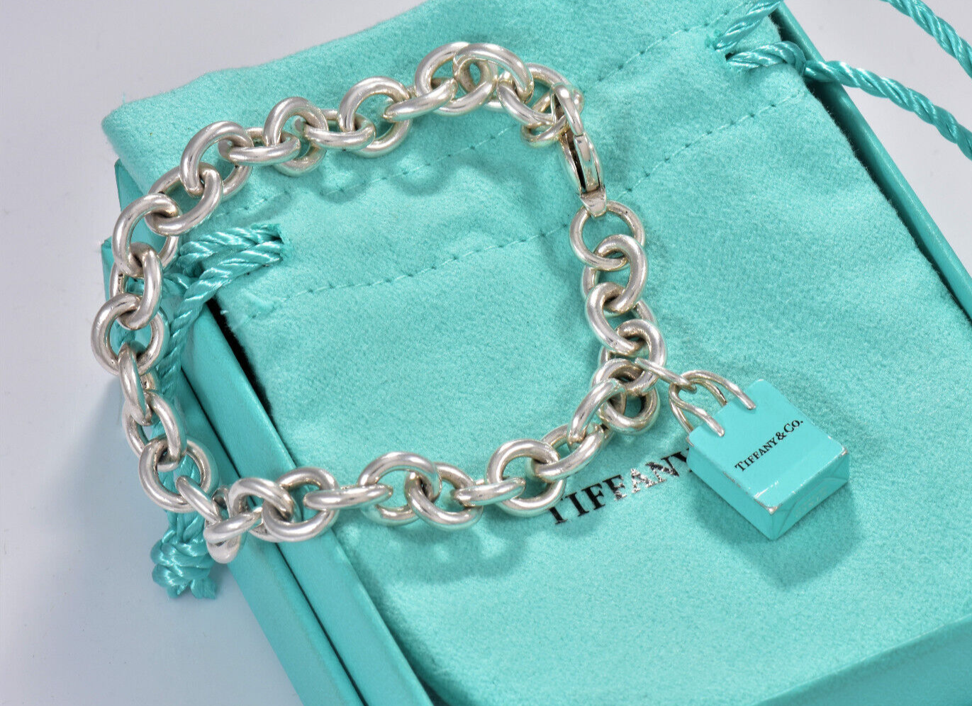 Tiffany & Co Silver Blue Enamel Shopping Bag Charm 7.75" Chain Link Bracelet