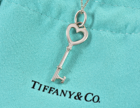 Tiffany & Co Silver Small 1.25" Heart Key Pendant 16.25" Chain Necklace in Pouch