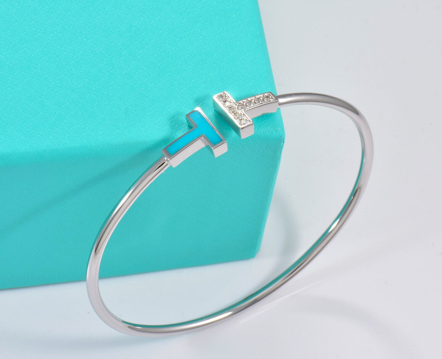 Tiffany & Co Diamond 18K White Gold Blue Turquoise T Wire Large Bracelet in Box