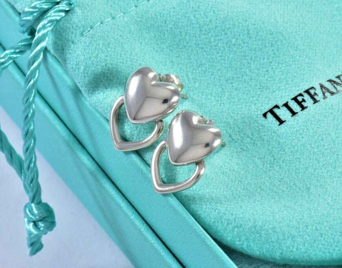 Tiffany & Co Silver Double Heart Stencil Puff Earrings and Pouch Lovely Stud