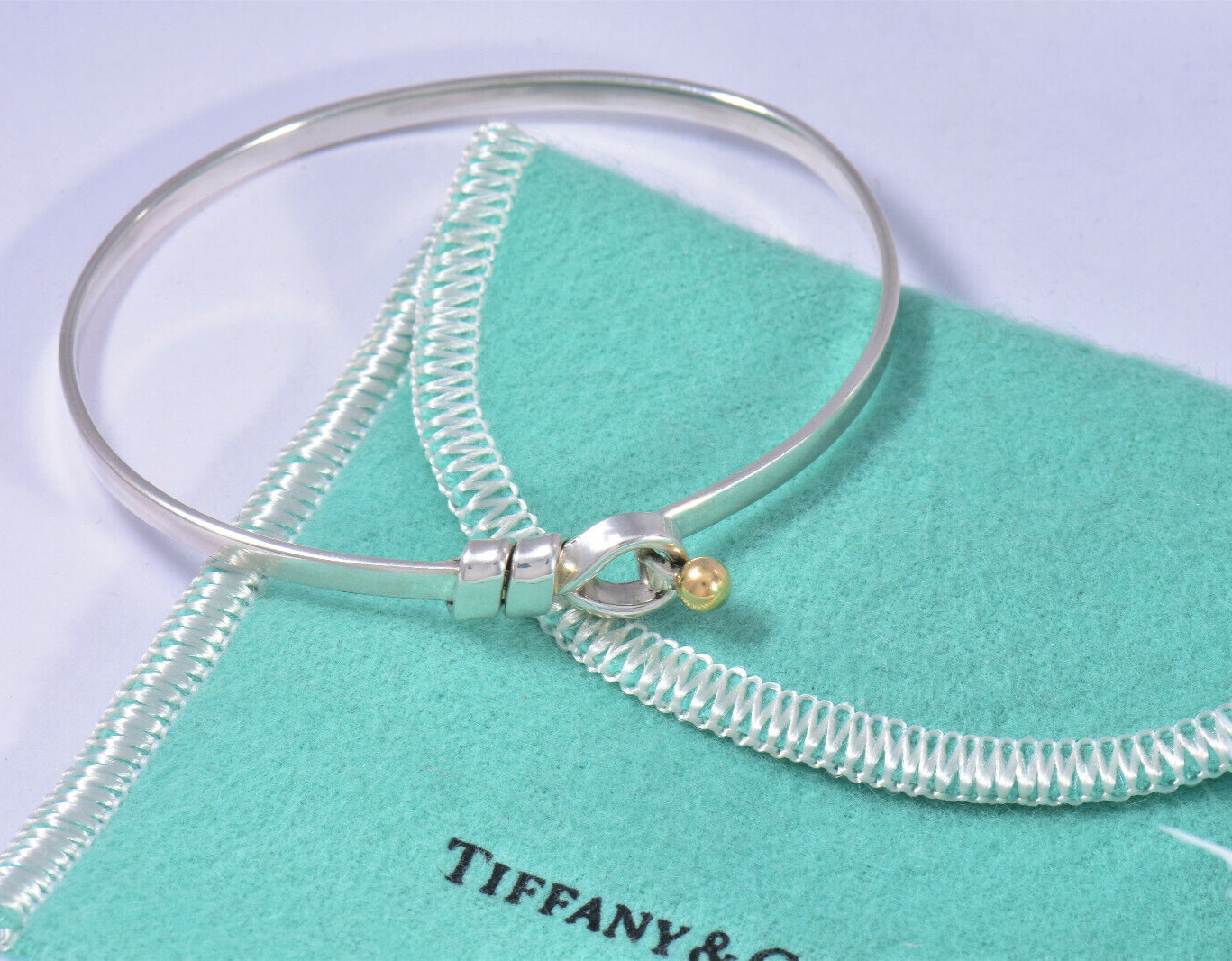 Tiffany & Co 18k Gold Silver Hook Eye Rope Bracelet in Pouch Rare Bangle Cuff