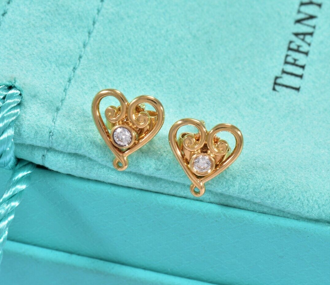 Tiffany & Co Diamond 18K Yellow Gold Picasso Venezia Goldoni Heart Earrings Box