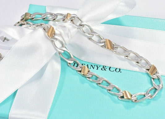 Tiffany & Co Sterling Silver 18K Gold Figaro Necklace 16.25" Cuban Link 22 Grams