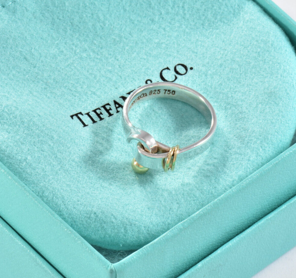 Vintage Tiffany & Co 18K Yellow Gold Silver Hook Eye Ball Ring Size 6.5 in Pouch