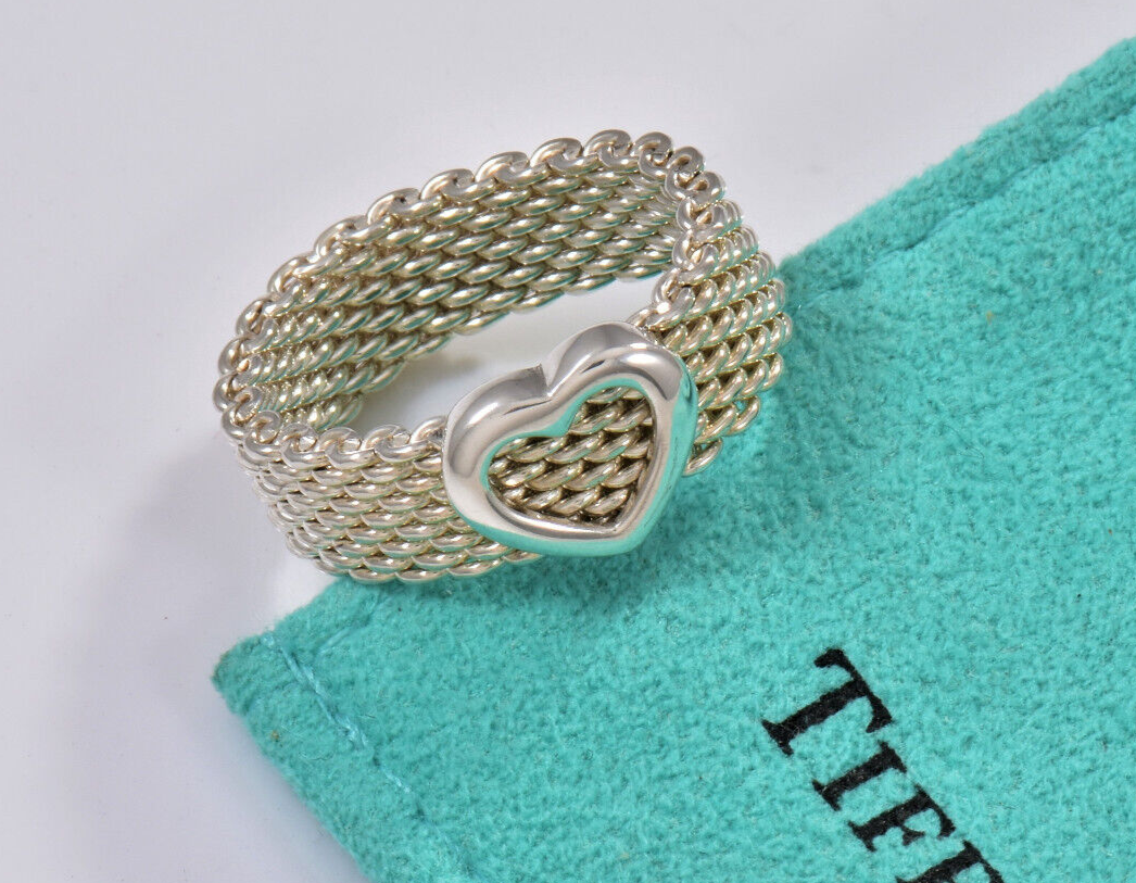 Tiffany & Co Sterling Silver Heart Mesh Love Ring Size 6 with Pouch Rare Lovely