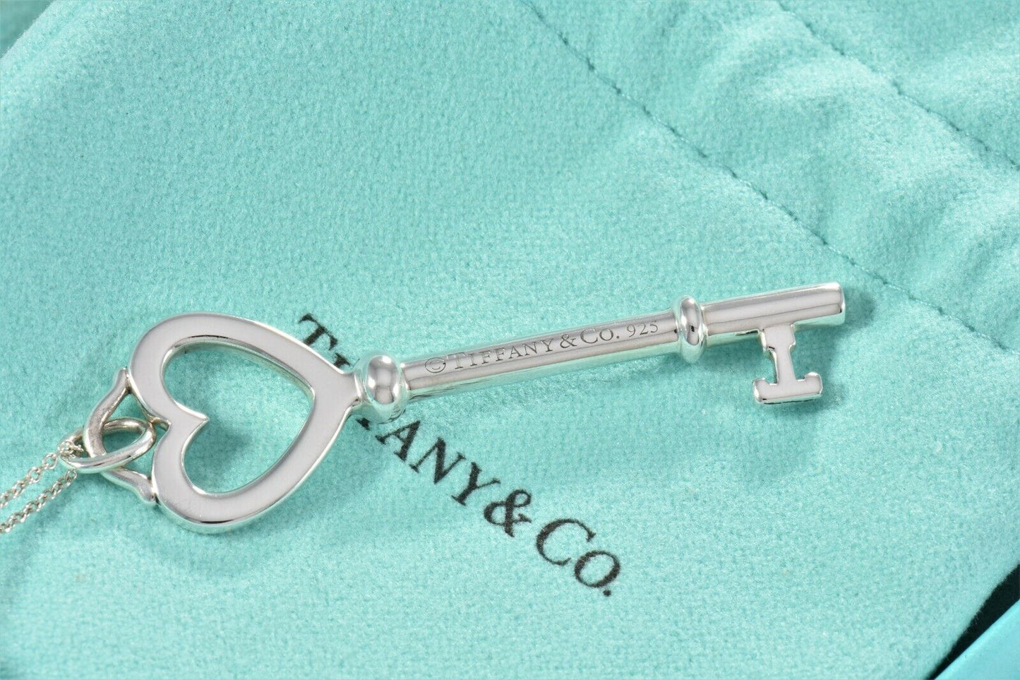 Tiffany & Co Silver Large 2" Heart Key Charm Pendant 16.25" Chain Necklace Pouch