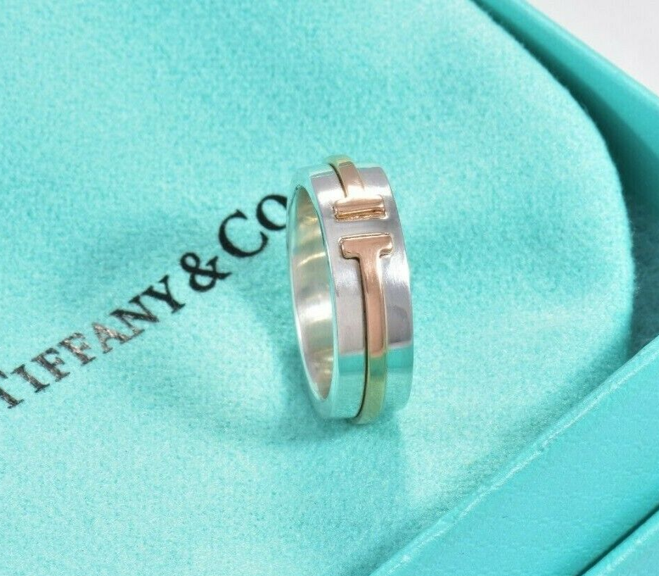 Tiffany & Co Silver 18k Rose Gold T Square 6mm Wide Band Ring Size 4 and Pouch