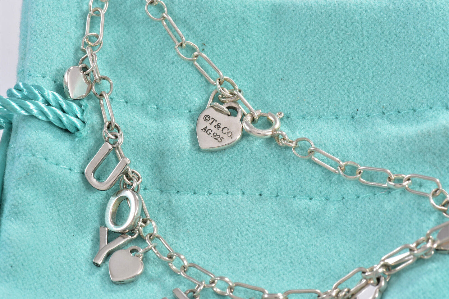 Tiffany & Co Silver Blue Enamel Heart I Love You Notes 7" Charm Bracelet in Box