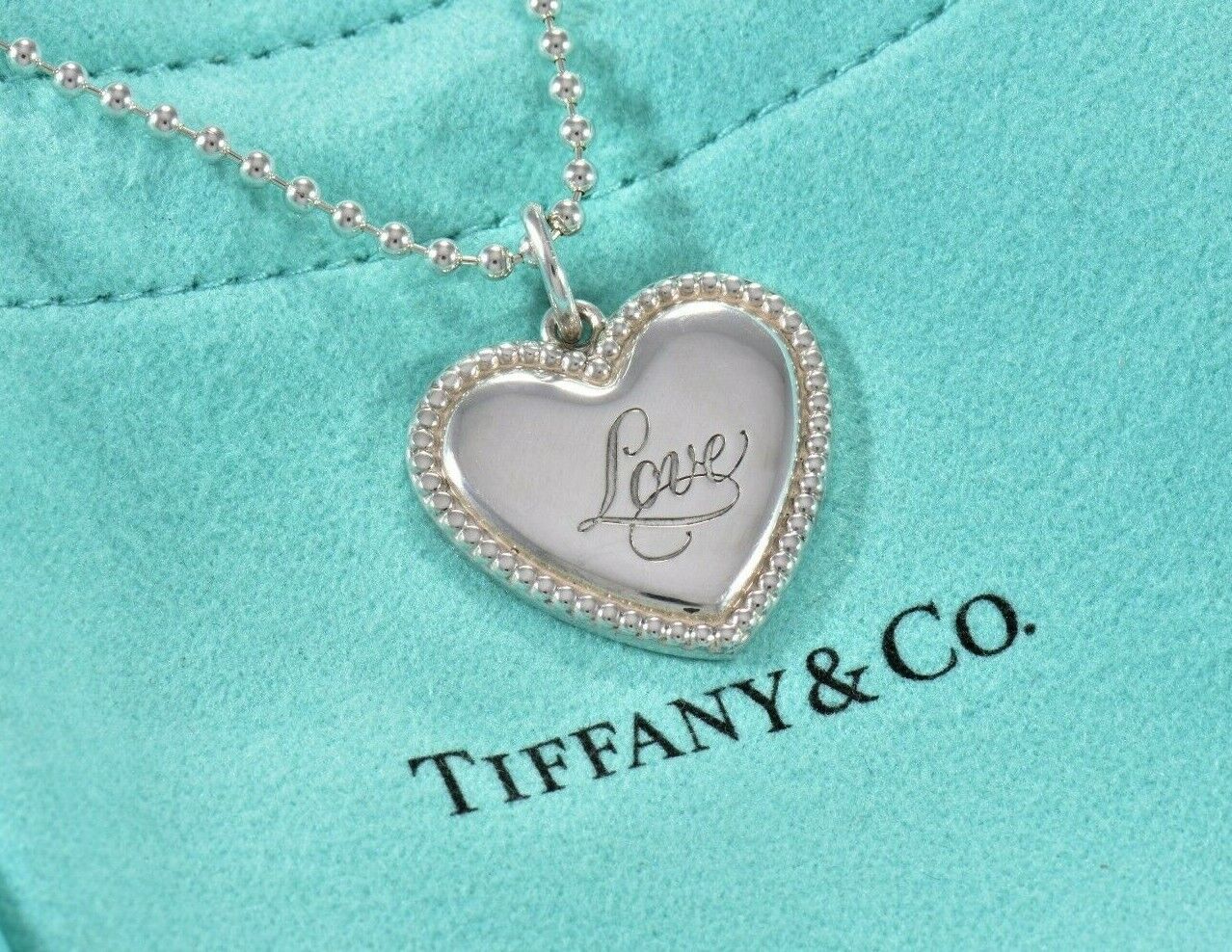 Tiffany & Co Silver Love Signature Heart Pendant Bead Necklace Box Pouch Ribbon