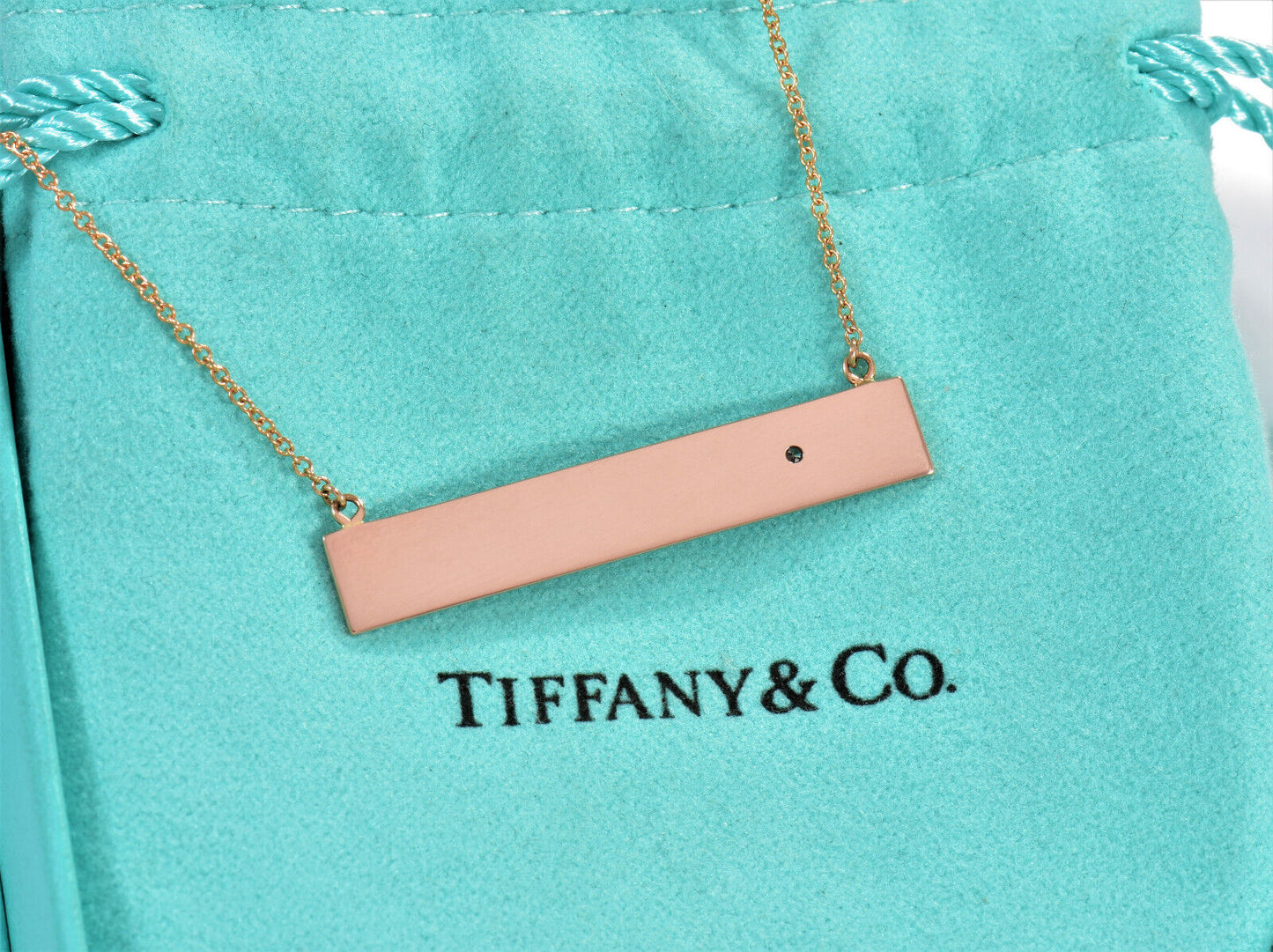 Tiffany & Co Diamond 18K Rose Gold Loving Heart Bar Pendant 18" Chain Necklace