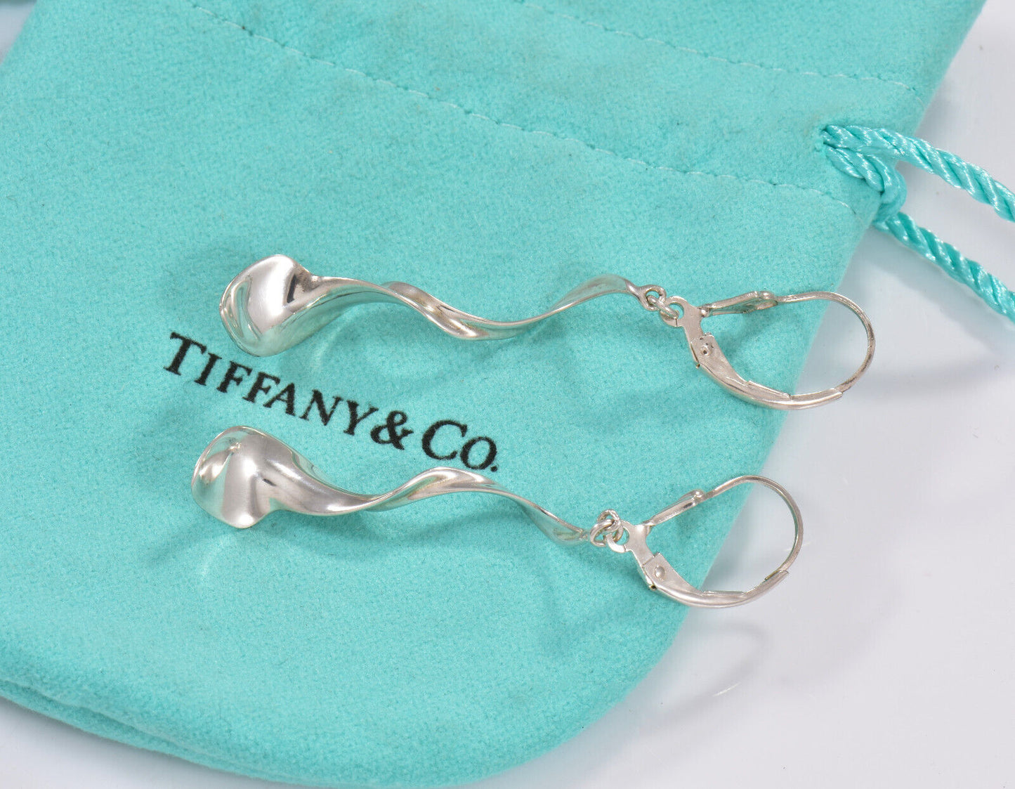 Tiffany & Co Sterling Silver Frank Gehry Orchid Hook Drop Earrings Pouch Dangle