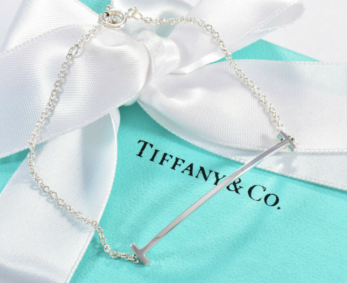 Tiffany & Co Sterling Silver T Smile Square Chain Bracelet in Box Pouch Rare