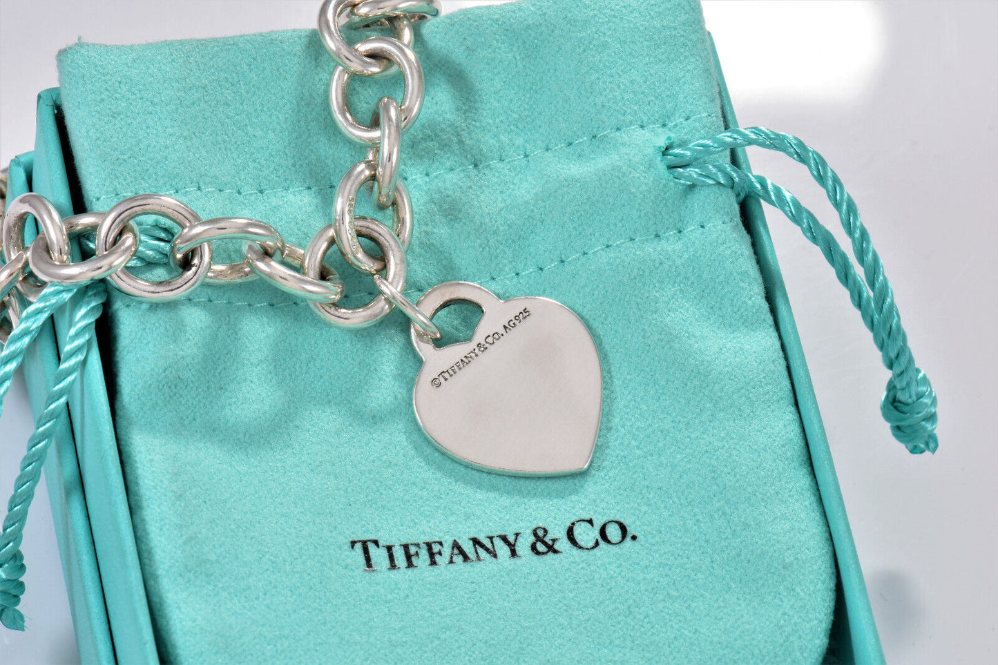 Tiffany & Co Silver Mom Heart Charm 7.75" Chain Bracelet & Box Pouch Lovely Rare