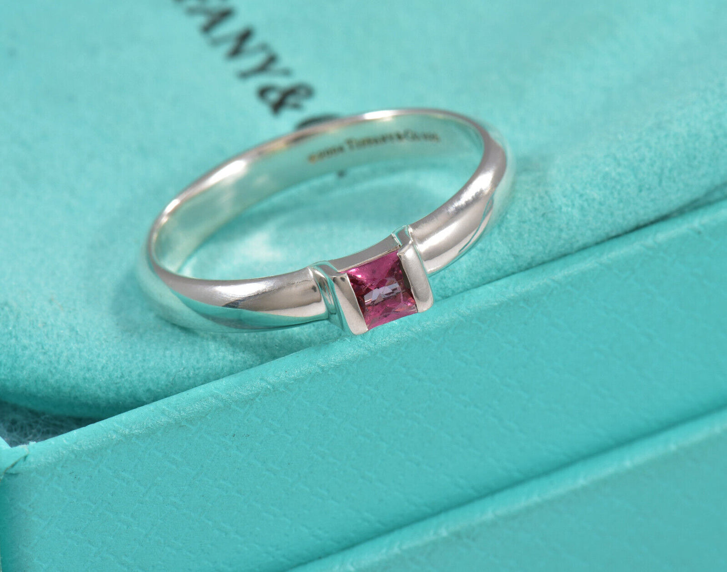 Tiffany & Co Sterling Silver Pink Sapphire Square Stack Band Ring Size 9.5 Boxed