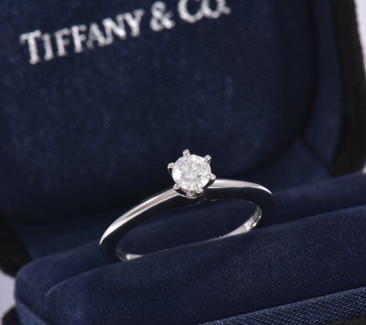 Tiffany & Co Platinum .27 ct Round Solitaire Diamond  Ring Size 5.25 & Box Pouch