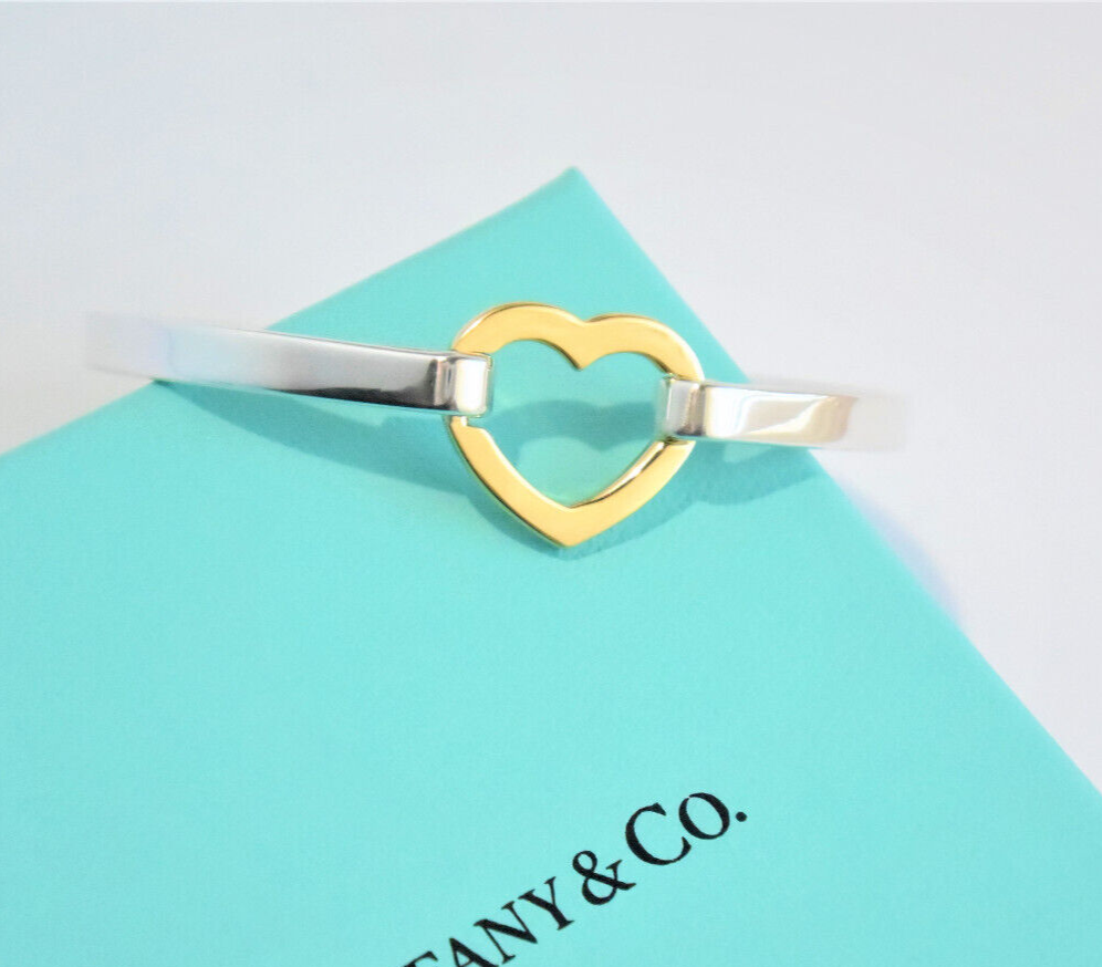 Tiffany & Co 18K Yellow Gold Silver Open Heart Hook 6.55" Bracelet in Pouch Rare