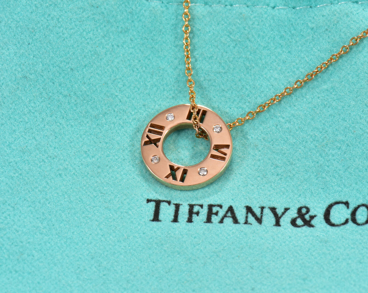 Tiffany & Co Diamond 18K Rose Gold Atlas Circle Pendant Necklace in Box Pouch