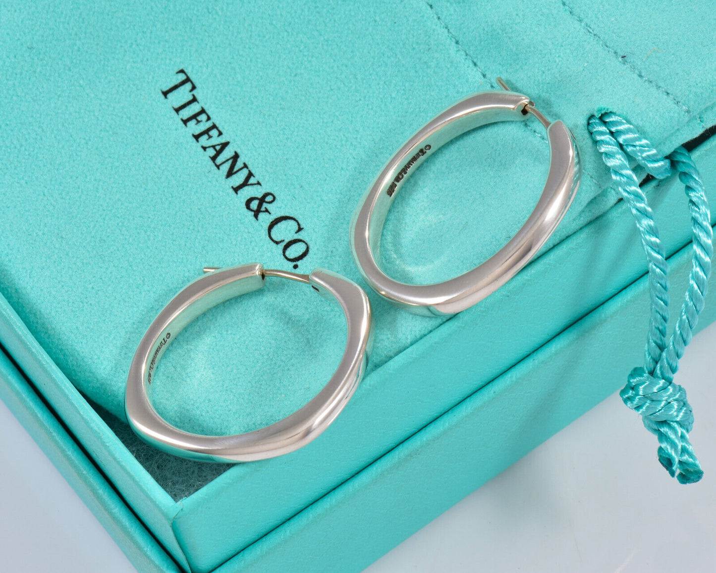 Tiffany & Co Silver Large 29mm Square Cushion Hoop Earrings in Box Pouch Ribbon