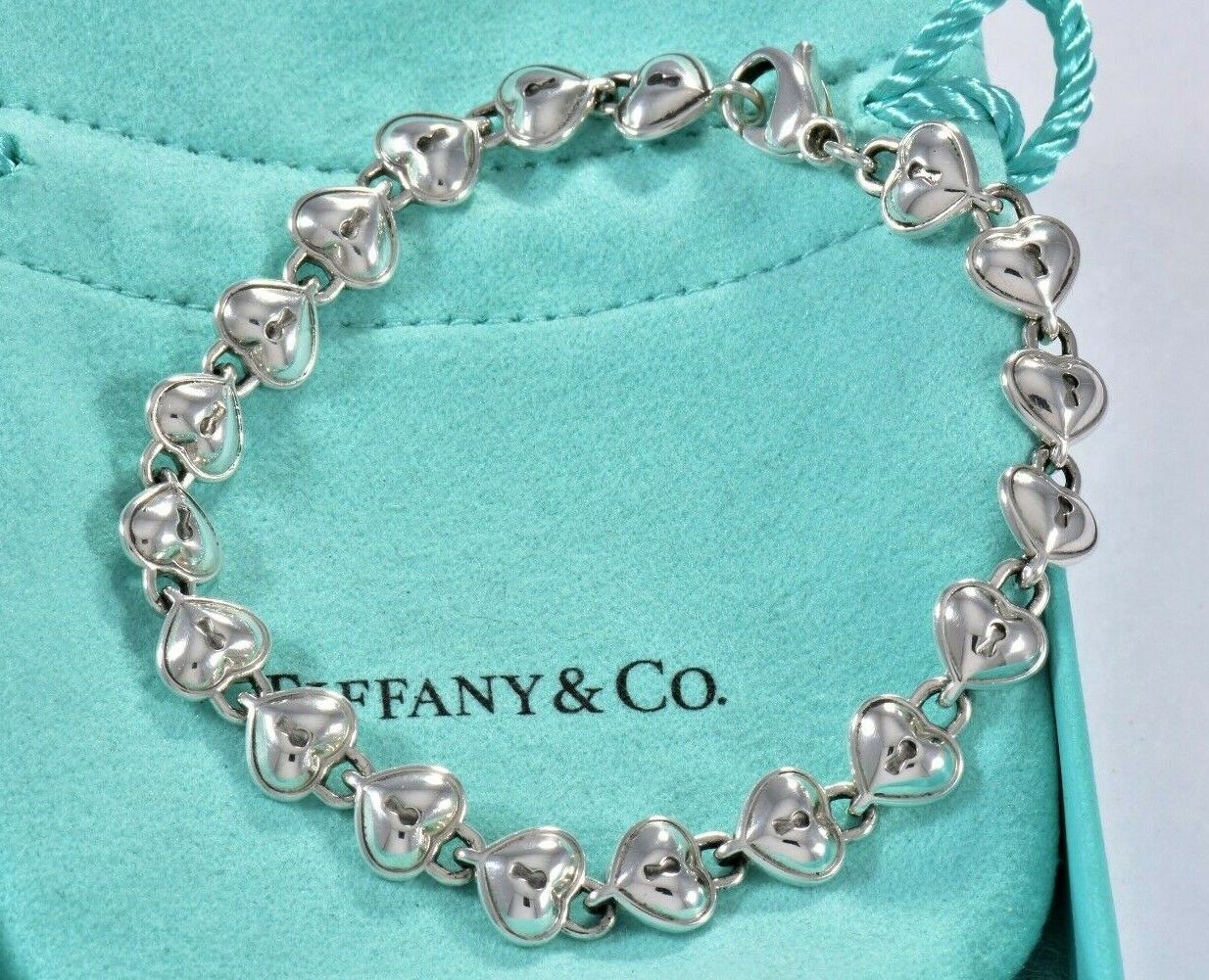 Vintage Tiffany & Co Italy Silver Heart Padlock Link Bracelet & Pouch Lock Charm