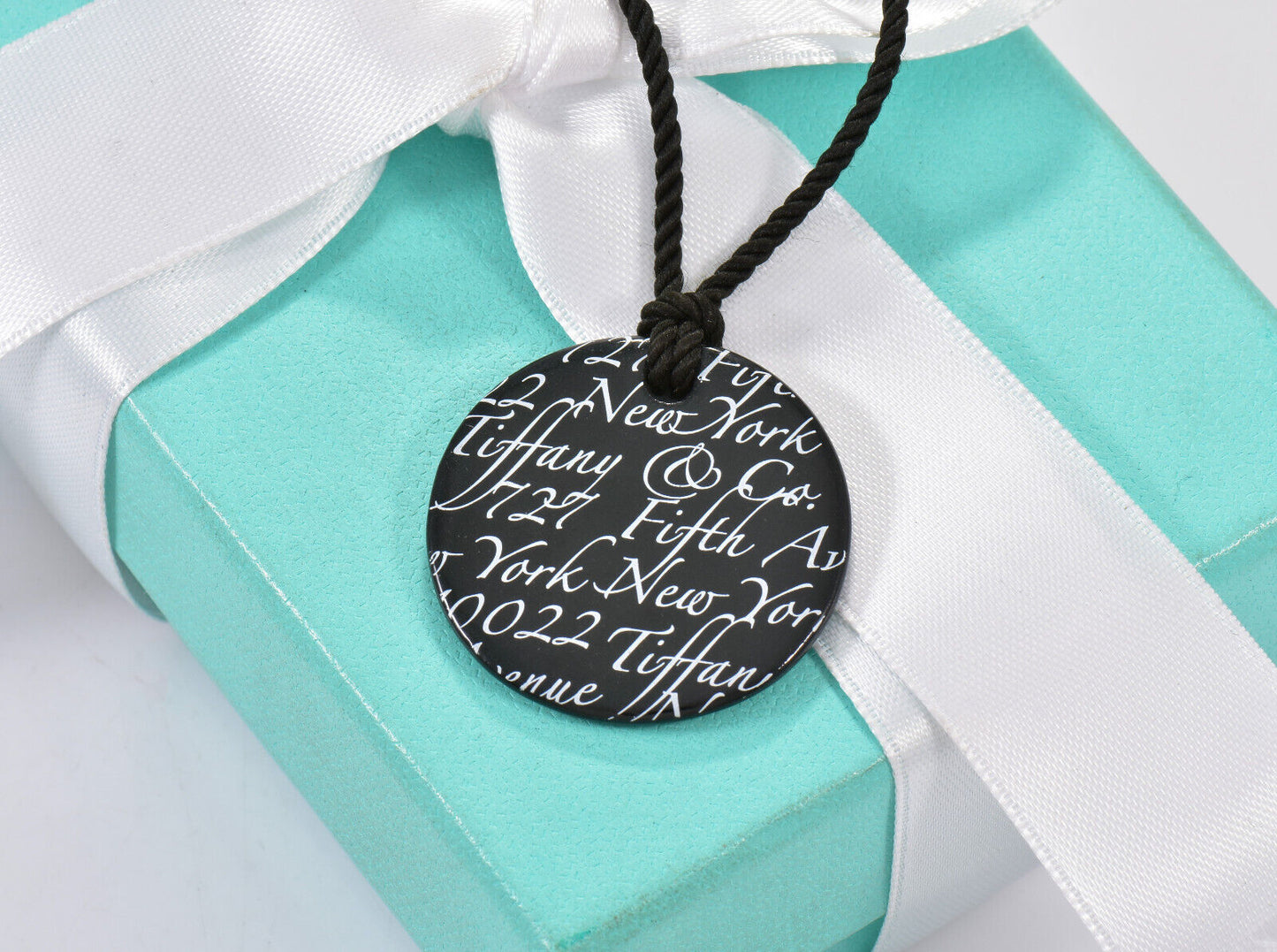 Tiffany & Co Silver Black Onyx NY Address Notes Circle Round Pendant Necklace