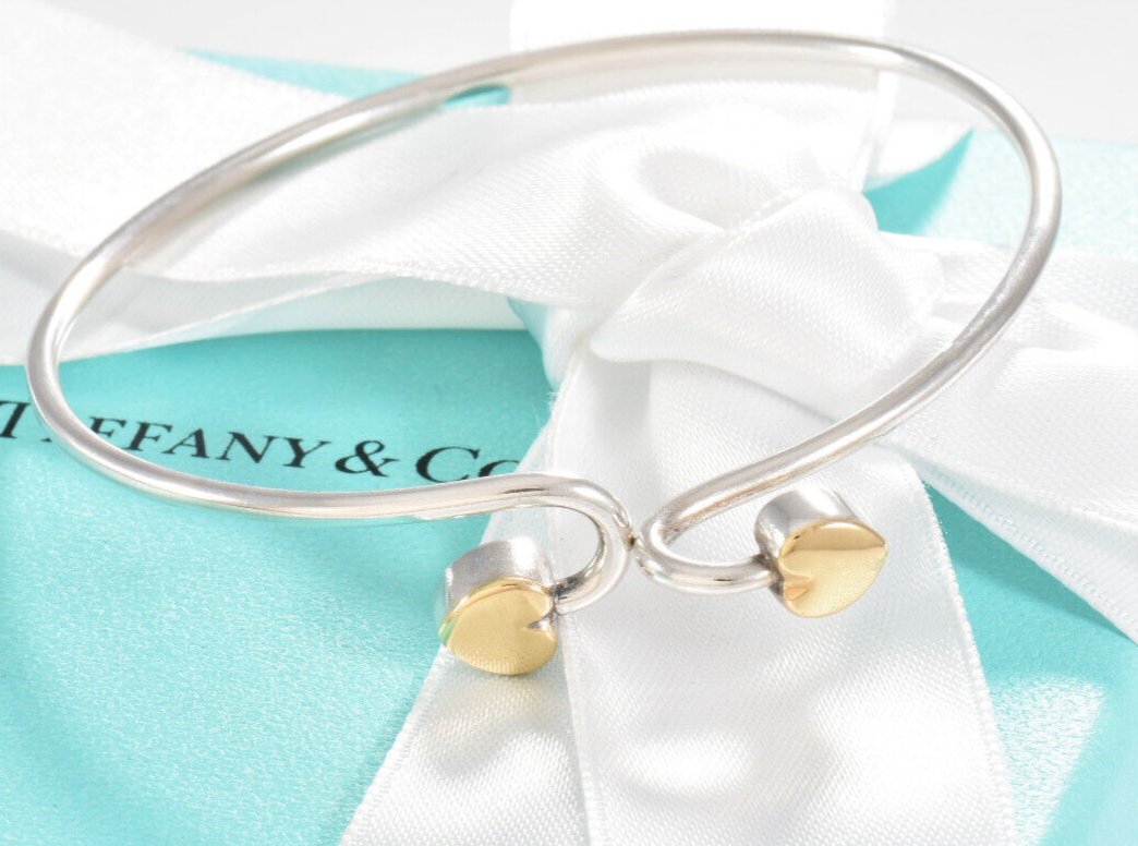 Tiffany & Co 18k Gold Silver Double Heart Hook Bracelet in Box Pouch Bangle Rare