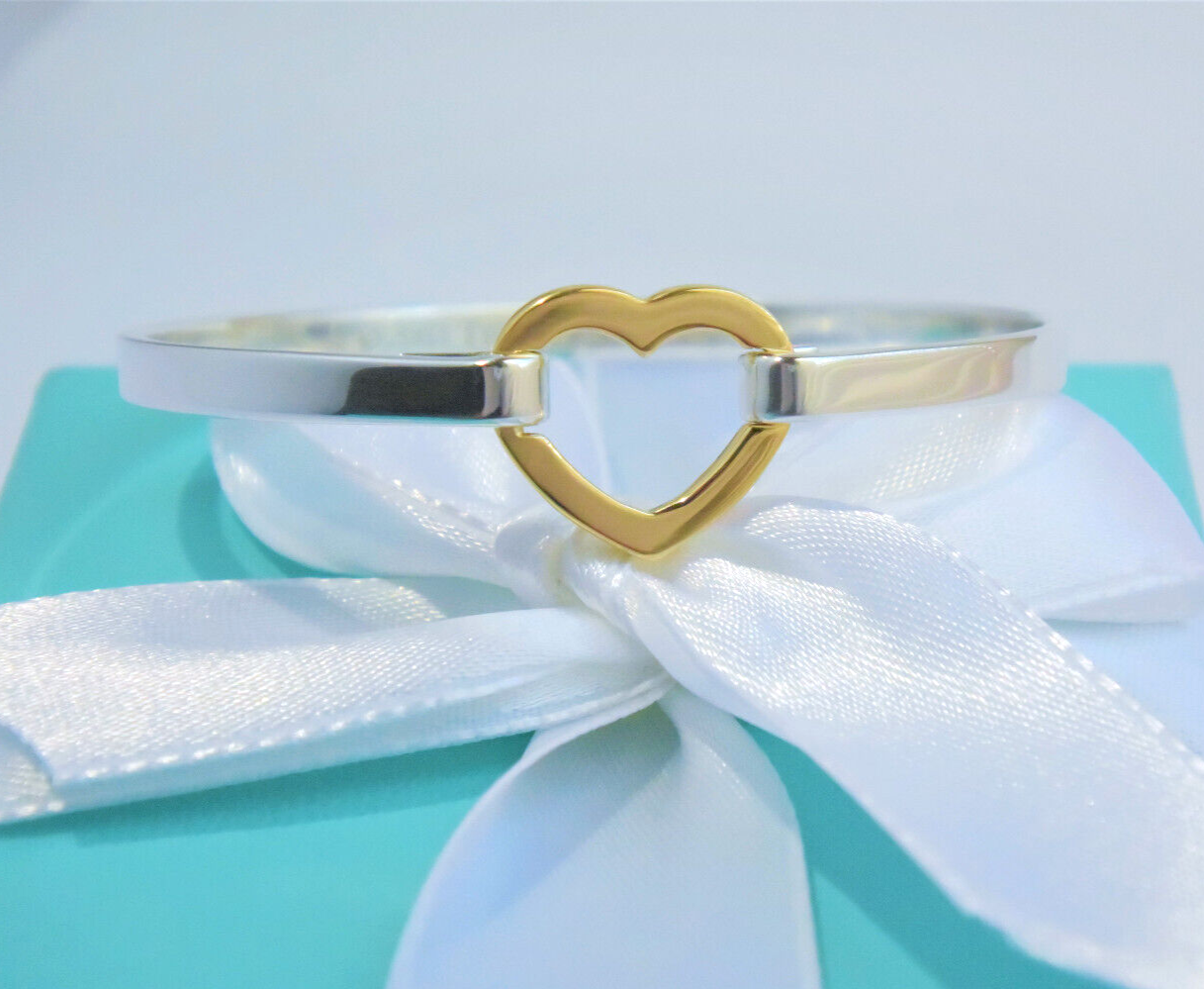 Tiffany & Co 18K Yellow Gold Silver Open Heart Hook 6.55" Bracelet in Pouch Rare