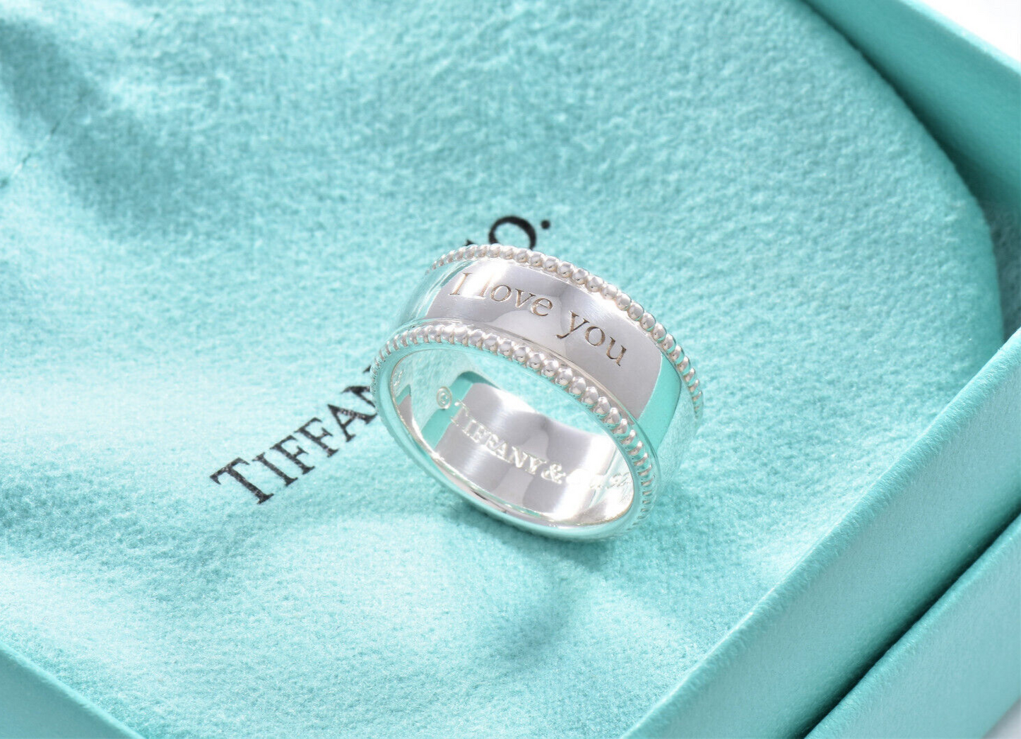 Tiffany & Co Sterling Silver I Love You Bead Edge Ring Size 7 in Pouch Yours