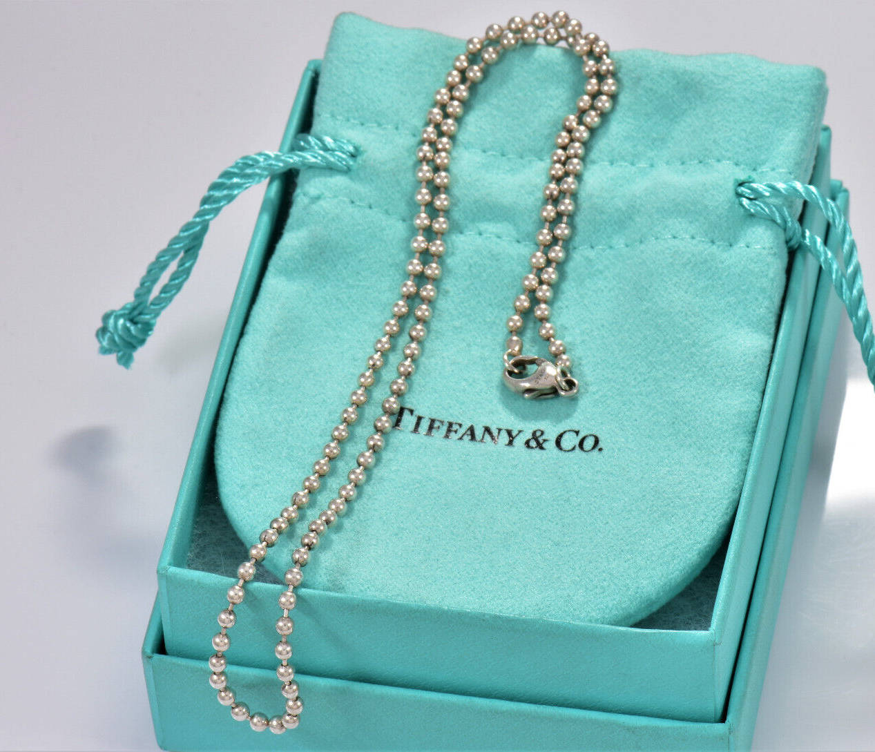 Tiffany & Co Sterling Silver 3mm Bead Chain 16.25" Necklace For Pendant in Pouch