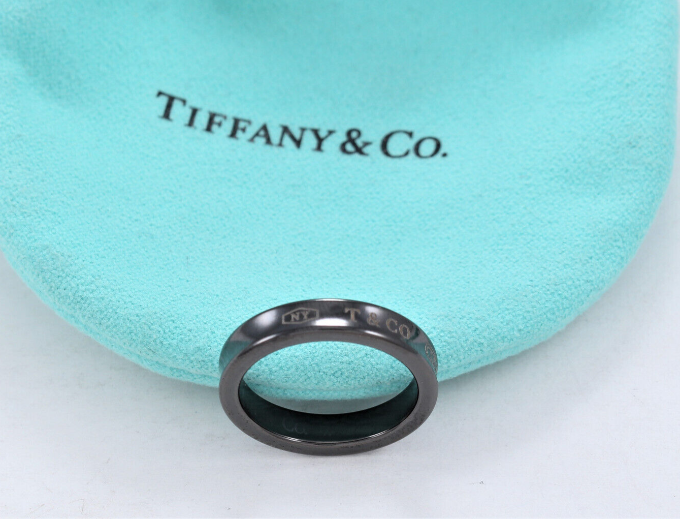 Tiffany & Co Silver Titanium 1837 Narrow Band Ring Size 7 in Pouch Rare Mens