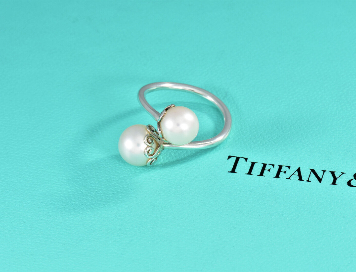 Tiffany & Co Silver Pearl Paloma Picasso Venezia Heart Bypass Ring Size 7 Pouch