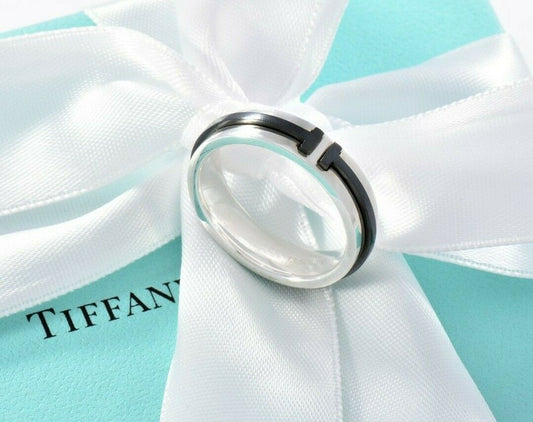 Tiffany & Co Silver Titanium T Square 6mm Wide Band Ring Size 6 and Pouch Rare