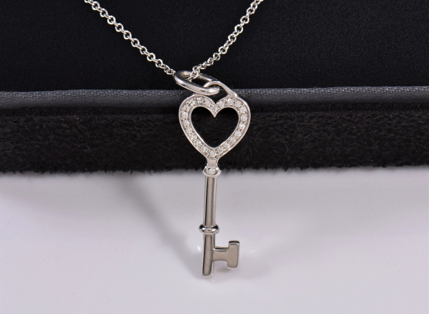 Tiffany & Co Diamond 18K White Gold Heart Key Pendant 18" Chain Necklace in Box