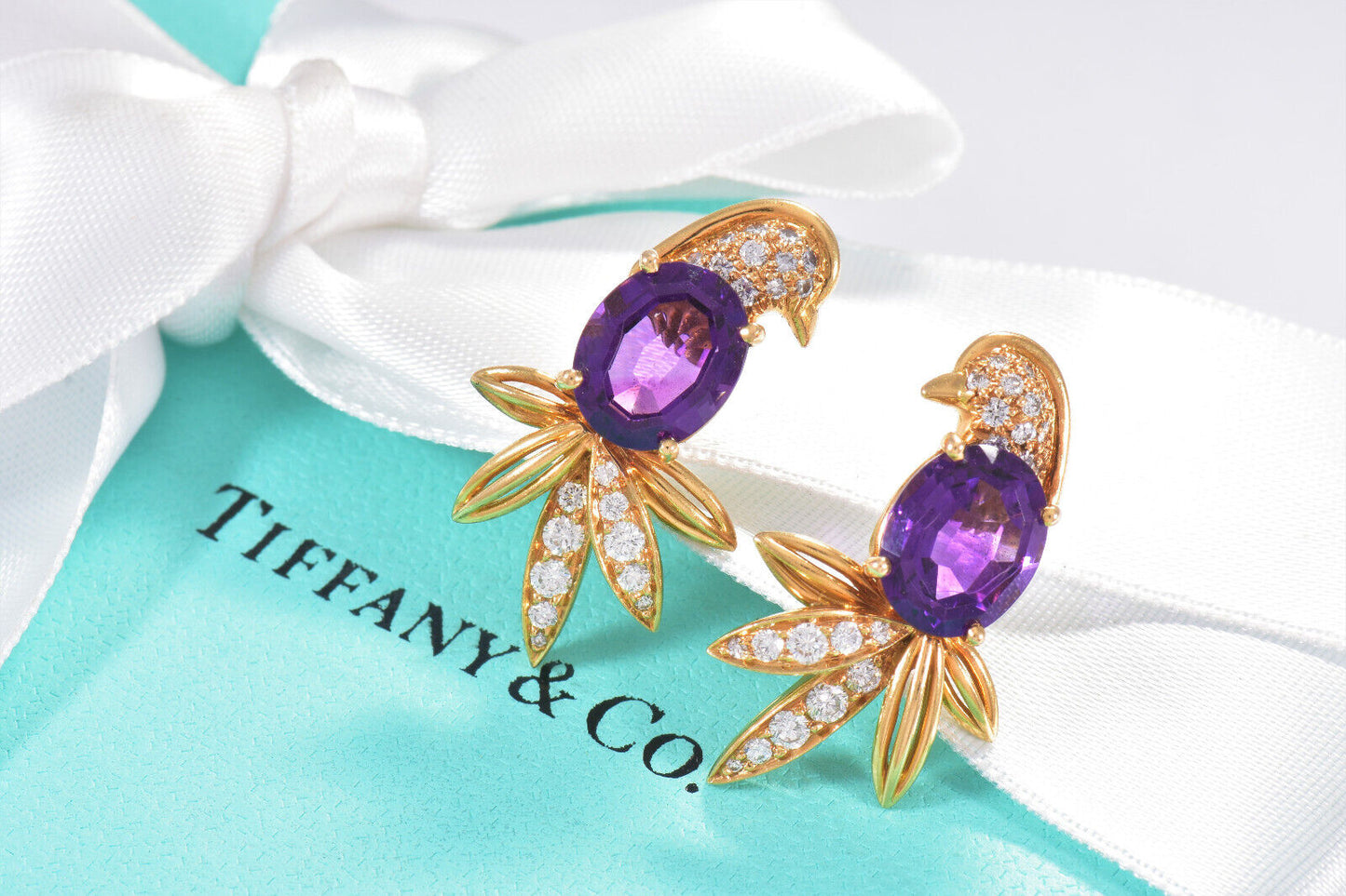 Tiffany & Co 18K Yellow Gold Birds of Paradise Diamond Amethyst Earrings Clip On