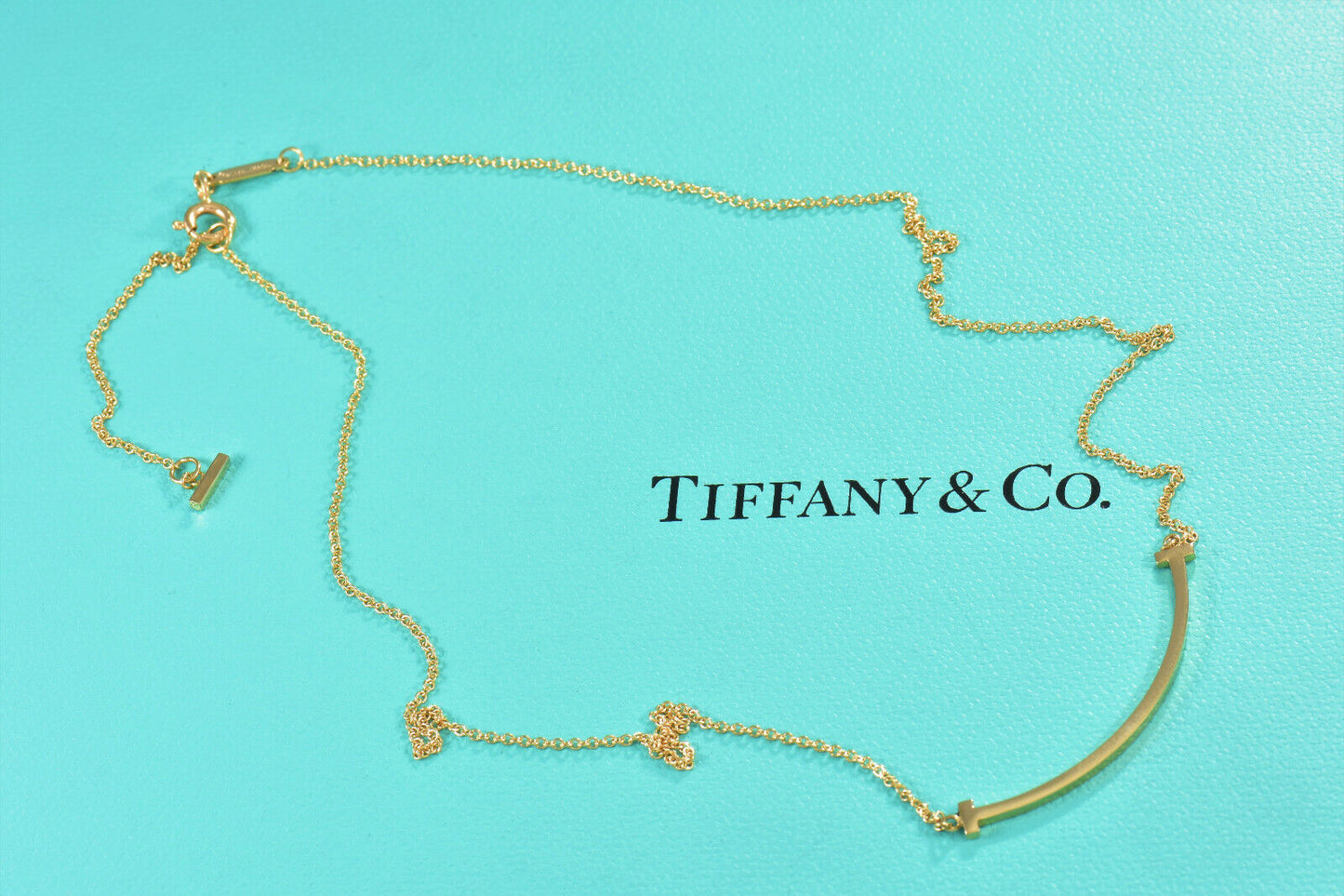 Tiffany & Co 18K Yellow Gold Small T Smile Pendant Necklace 16-18" in Box Pouch