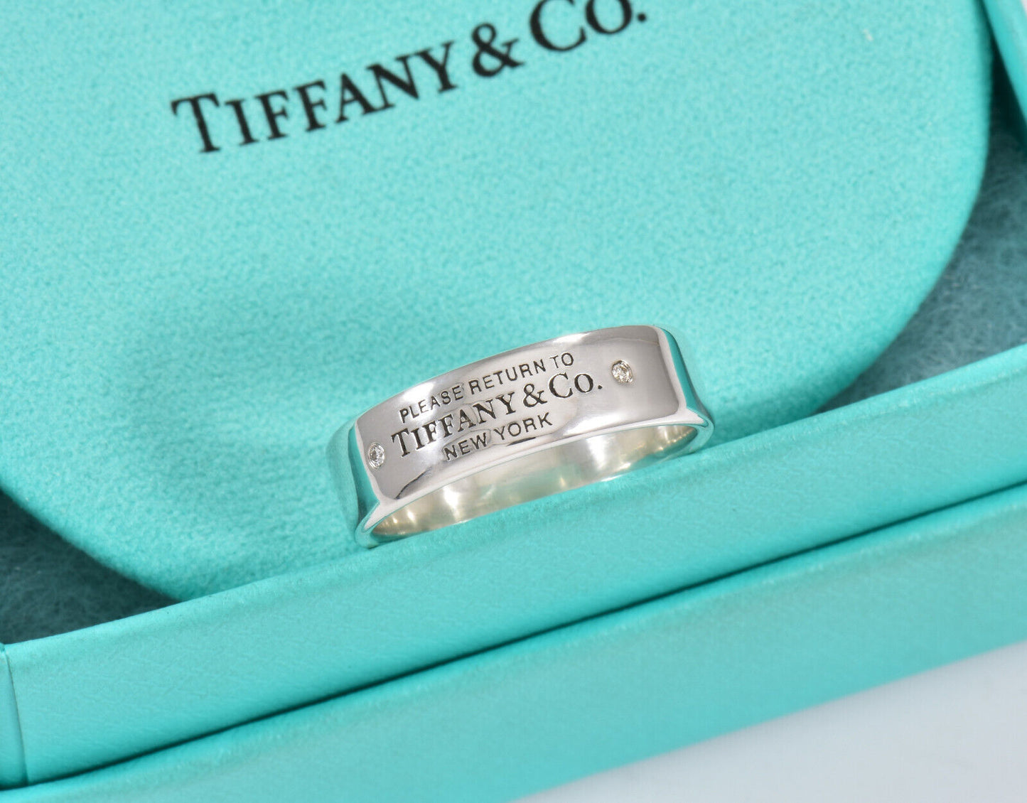 Return To Tiffany & Co Diamond Silver 6mm Narrow Signet Ring in Box Pouch Ribbon