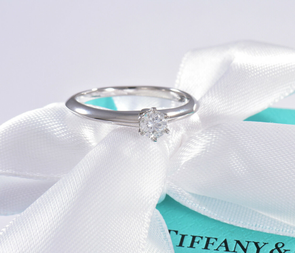 Tiffany & Co Platinum .24 ct Round Solitaire Diamond  Ring Size 5.5 in Box Pouch