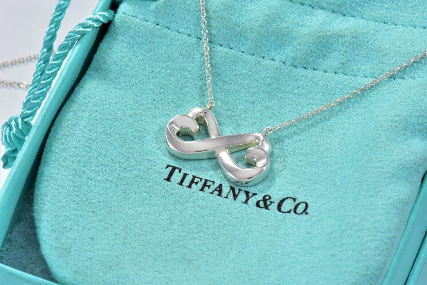 19" Tiffany & Co Paloma Picasso Double Loving Heart Infinity Necklace in Pouch