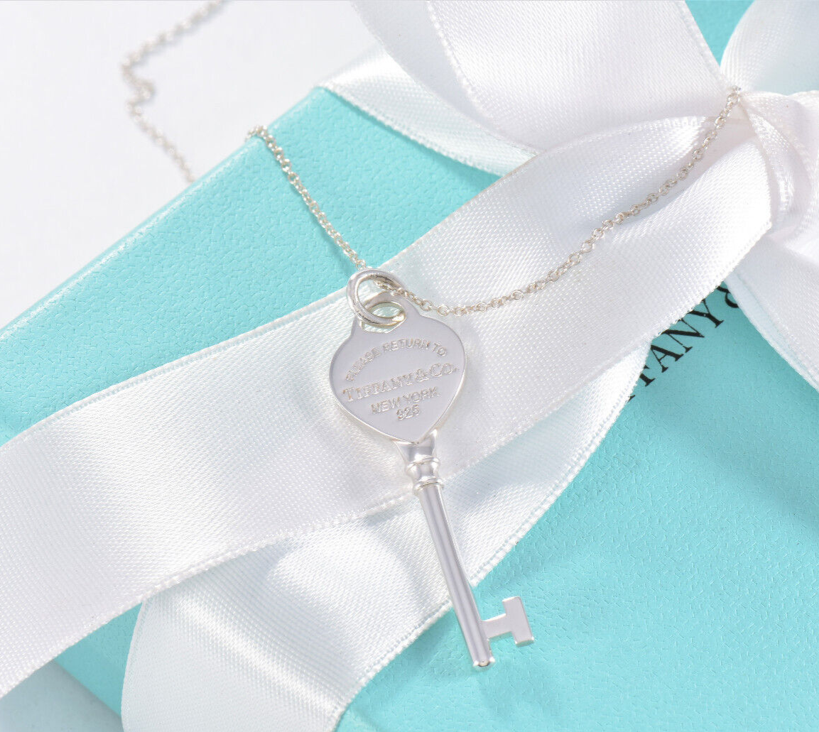 Please Return To Tiffany & Co Sterling Silver Heart Key 19.25" Necklace in Pouch