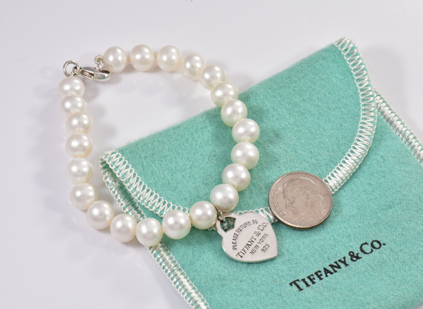 Please Return Tiffany & Co Silver Heart Charm 8mm Pearl Bead Bracelet 7.7" Boxed