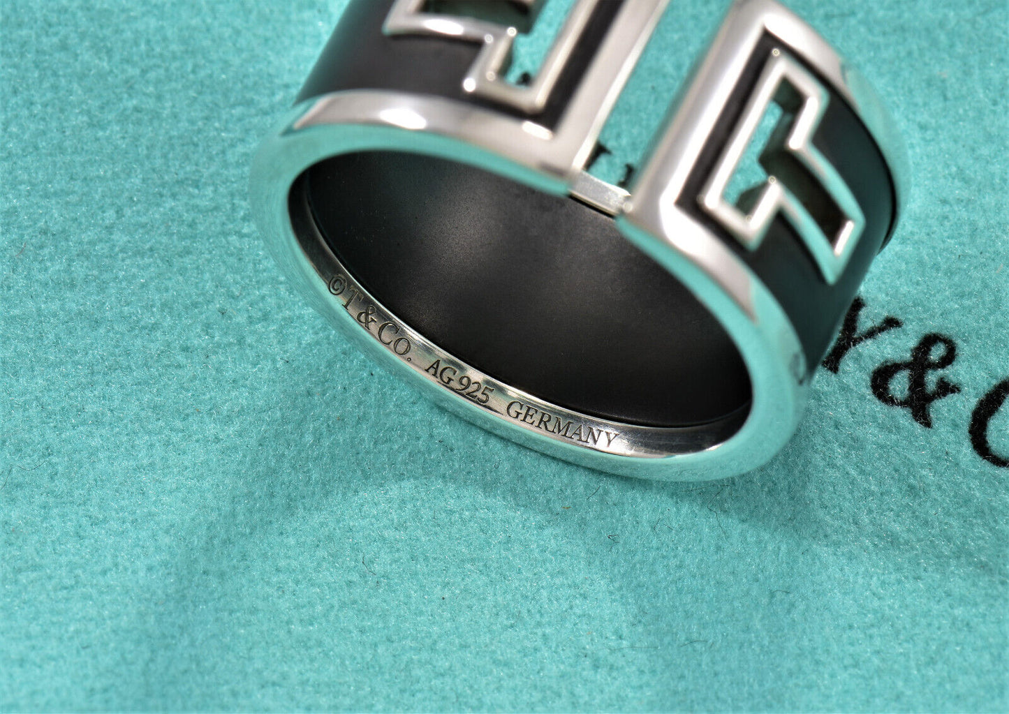 Tiffany & Co Silver Black Ceramic T Cut Out Square Wide Ring Size 6.5 in Pouch