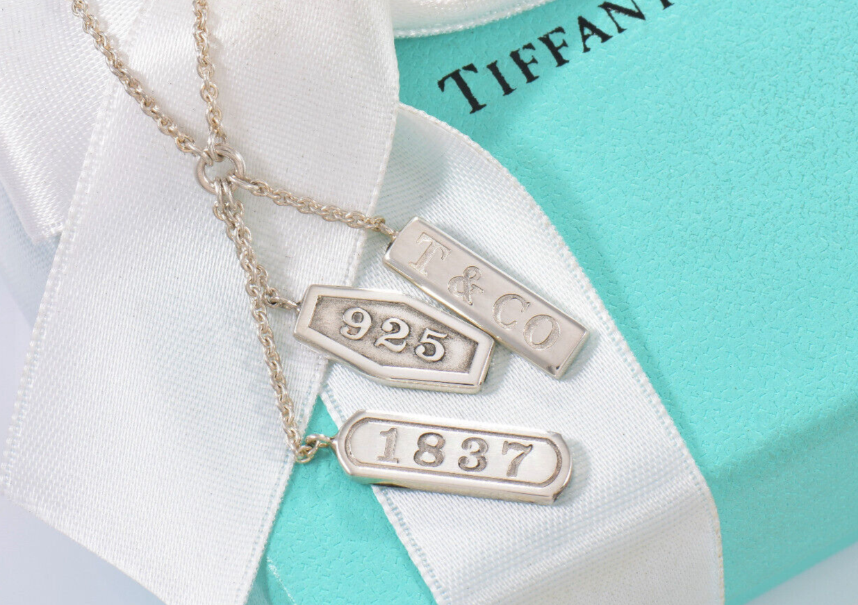 Tiffany & Co Silver 1837 Logo Elements Three Bar Pendant Modern Drop Necklace