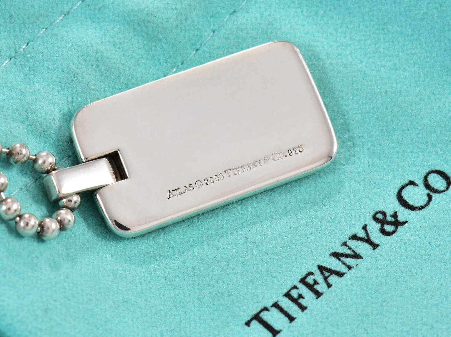 Tiffany & Co Silver Atlas DogTag Pendant 20.25" Bead Chain Necklace in Pouch Men