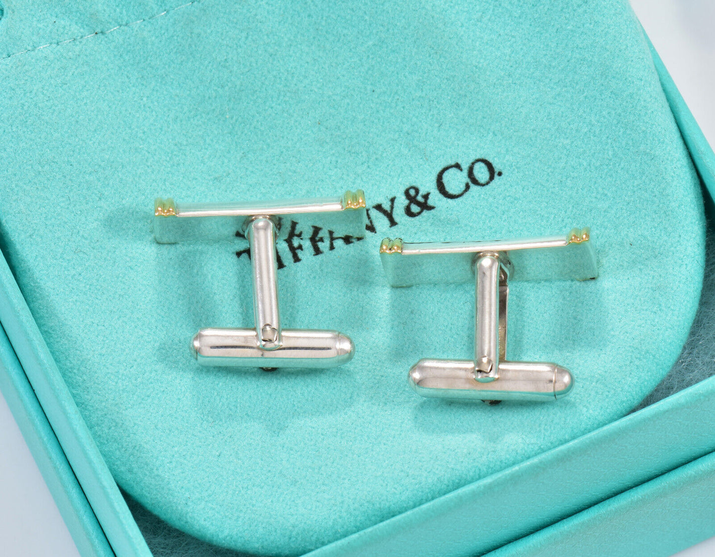 Tiffany & Co 18k Gold Silver Bar Coil Cufflinks in Pouch Mens Suit Pilot Rare