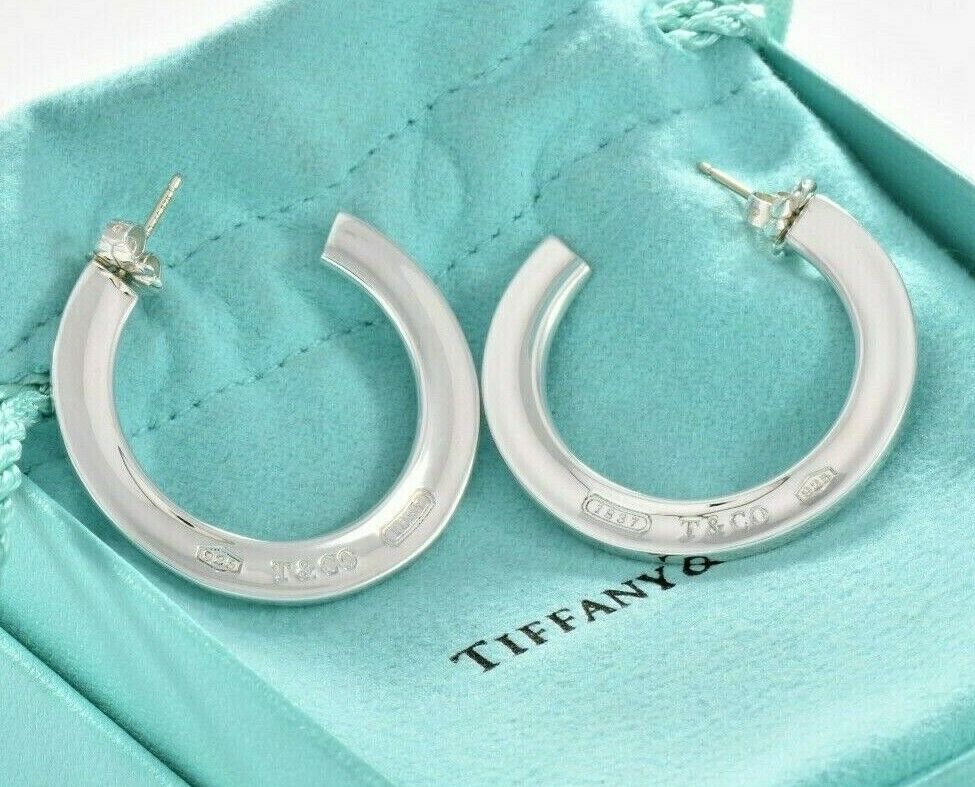 Tiffany & Co Sterling Silver 1837 Wide Flat Hoop Earrings & Pouch Rare Thin Love