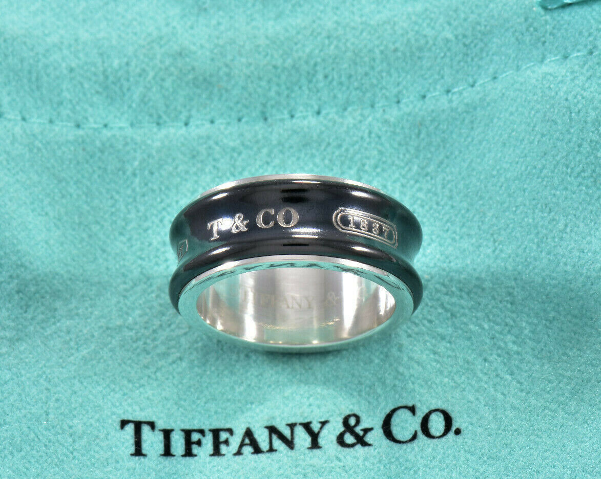 Tiffany & Co Silver Titanium 1837 8.5mm Wide Band Ring Size 5.5 in Pouch Mens