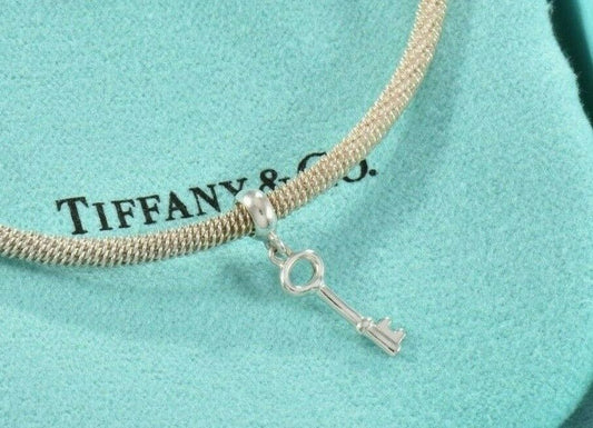 Rare Tiffany & Co Silver Dangling Key Charm Mesh Cuff Bracelet in Pouch Flexible